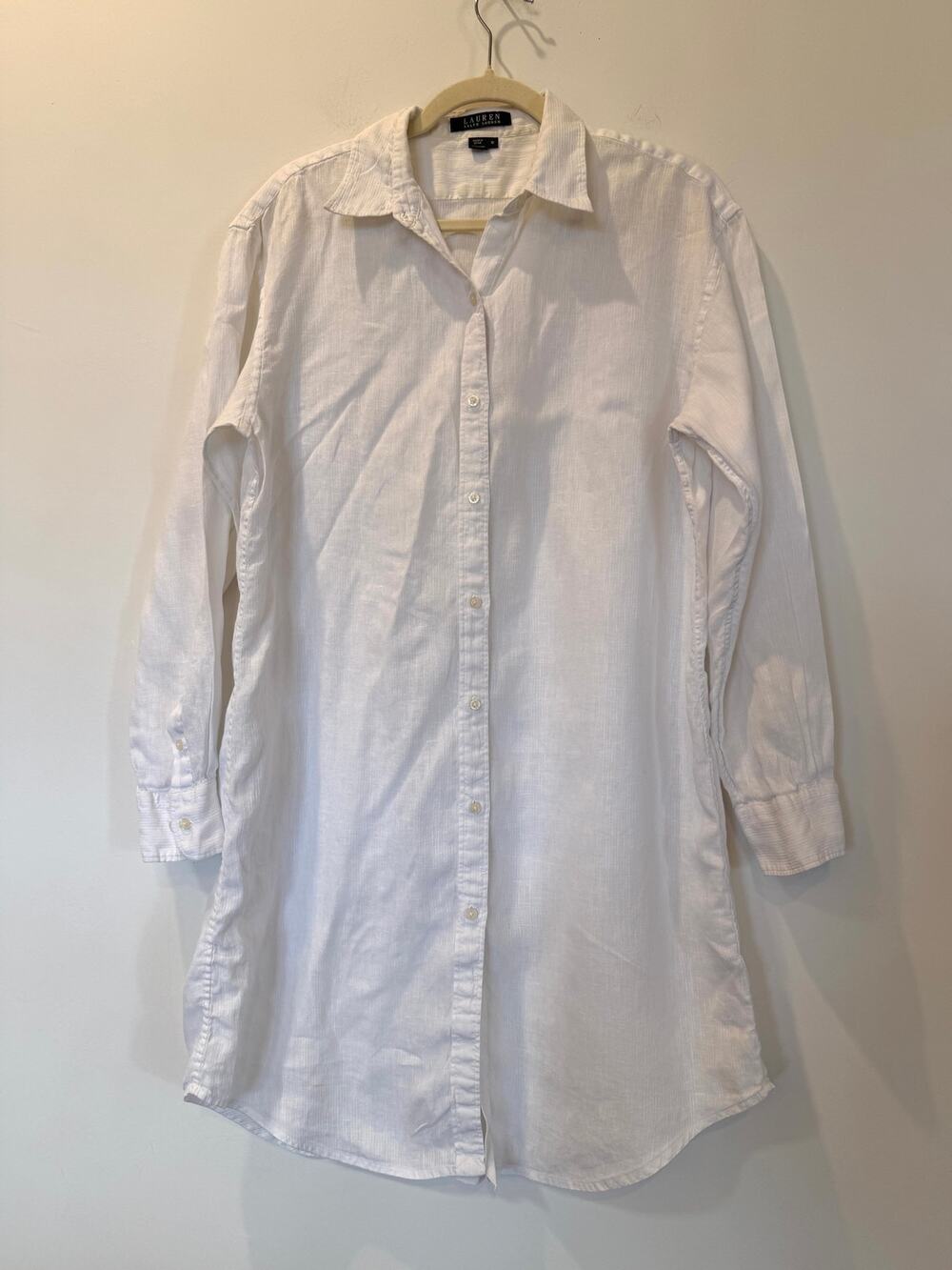 Lauren Ralph Lauren 100% Linen Swim Coverup M White Shirtdress Long Sleeve